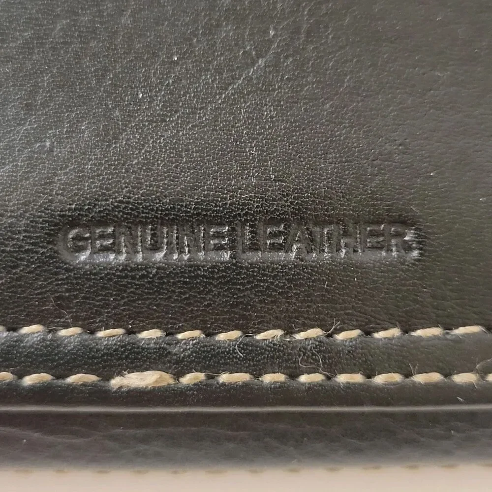 Vintage Black Leather Wallet with Snap Closure & Striped Lining